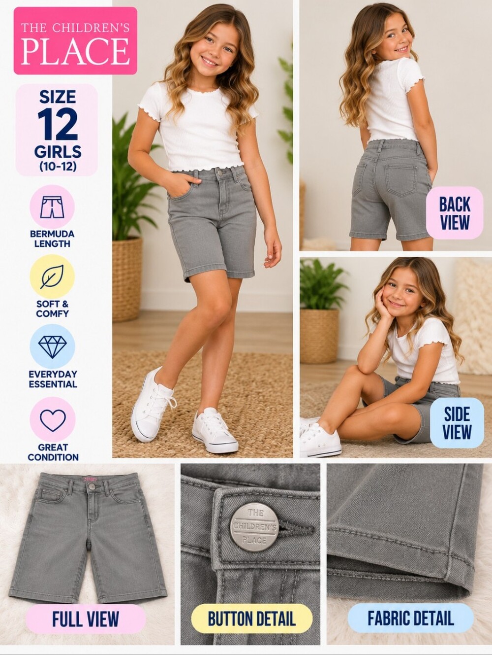 Children's Place girls size 12 grey bermuda shorts #01